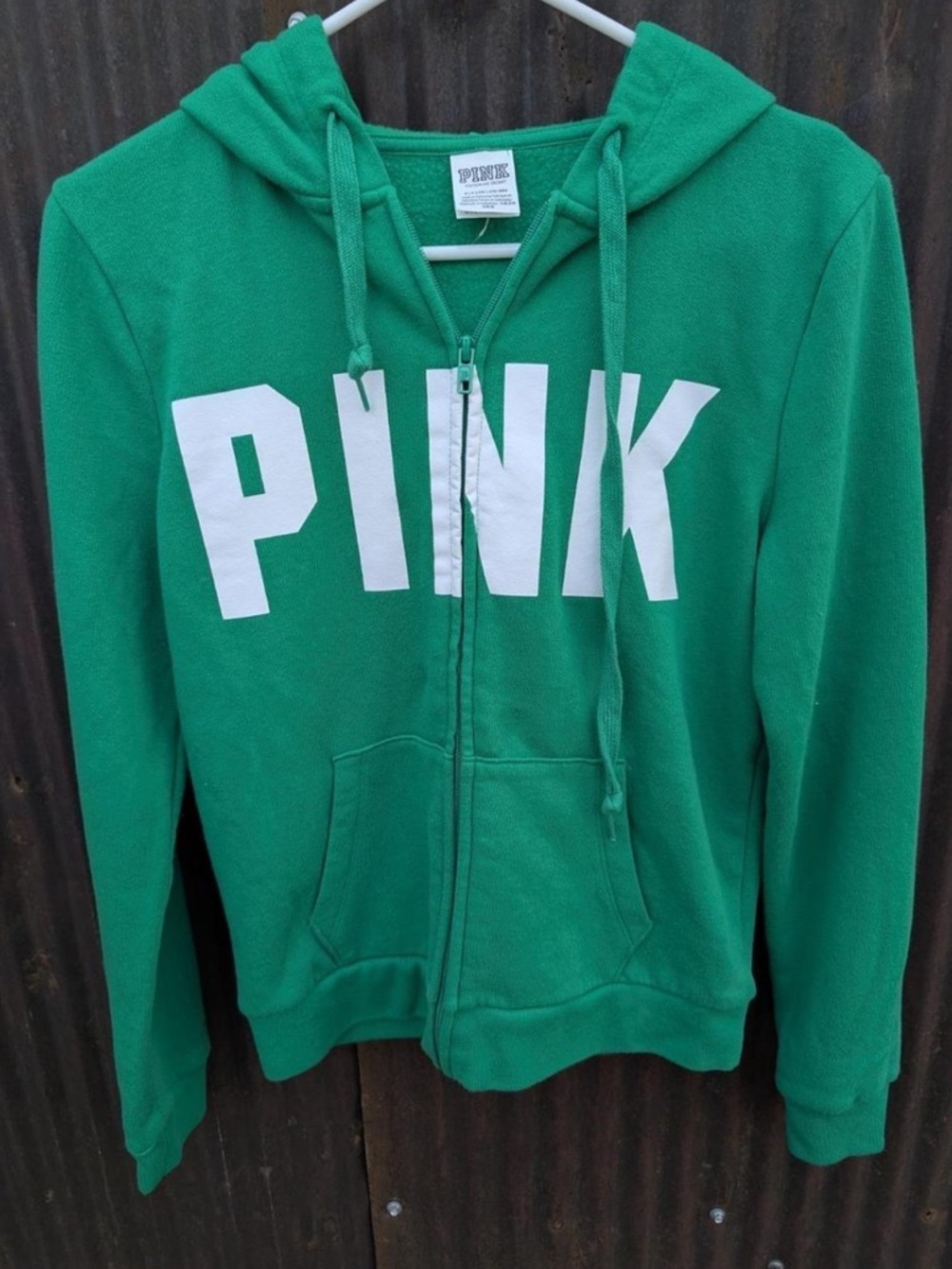 PINK Victoria's Secret Green Zip Hoodie with White Logo